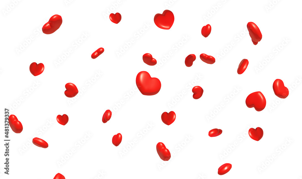 3D render of Lots of Small Red Hearts in Chaos with a White Background