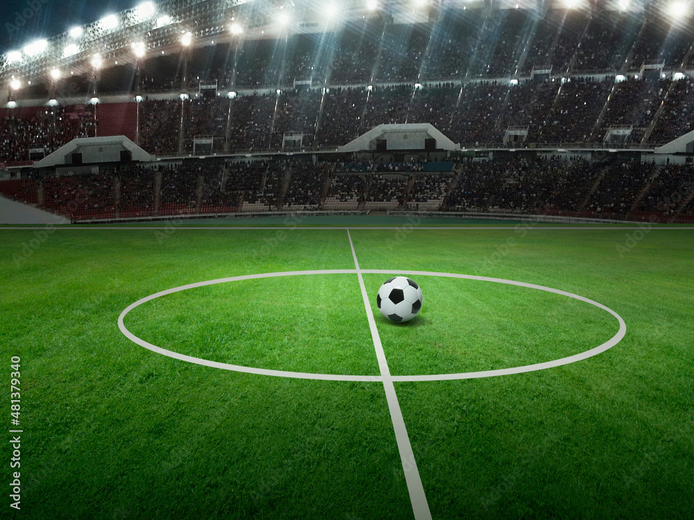 Naklejka ball on the green field in soccer stadium. ready for game