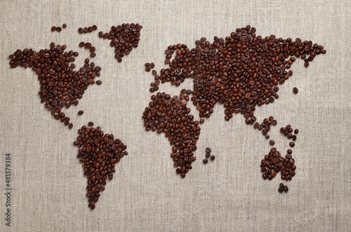 World map made of roasted coffee beans, top view