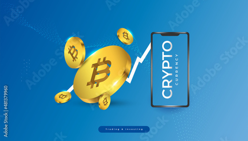 Bitcoin Cryptocurrency with Smartphone and Growth Chart. Bitcoin Crypto on Mobile. Golden Bitcoin Symbol