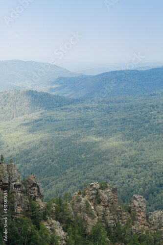 Foggy mountain forest hills in nature reservein Russia