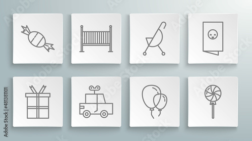 Set line Gift box, Baby crib cradle bed, Toy car, Balloons with ribbon, Lollipop, stroller, shower invitations card, poster and Candy icon. Vector