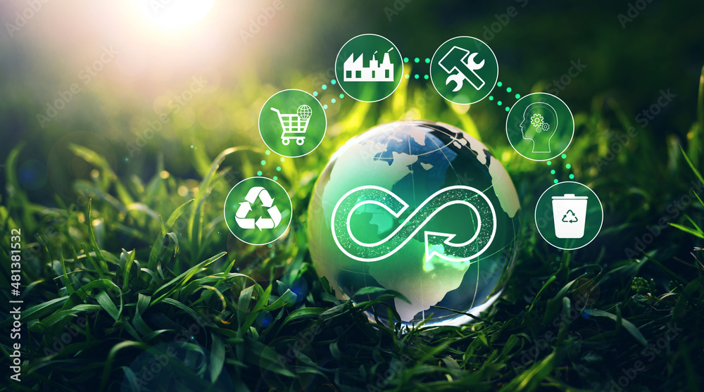 Circular economy concept. Energy consumption and CO2 emissions are increasing.
Sharing,reusing,repairing,renovating and recycling existing materials and products as much possible. - obrazy, fototapety, plakaty 