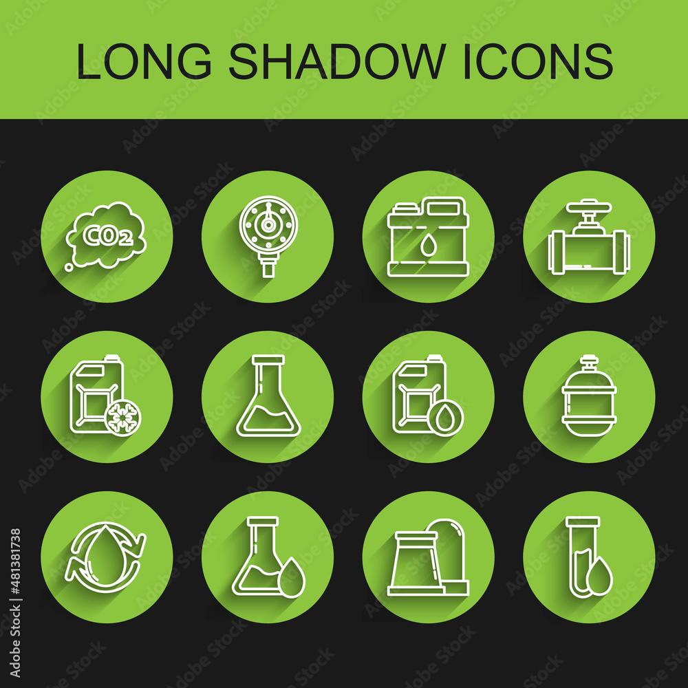 Set line Oil drop, petrol test tube, CO2 emissions in cloud, and gas industrial factory building, Test flask, Propane tank and Canister for motor machine oil icon. Vector Set line Oil drop, petrol test tube, CO2 emissions in cloud, and gas industrial factory building, Test flask, Propane tank and Canister for motor machine oil icon. Vector