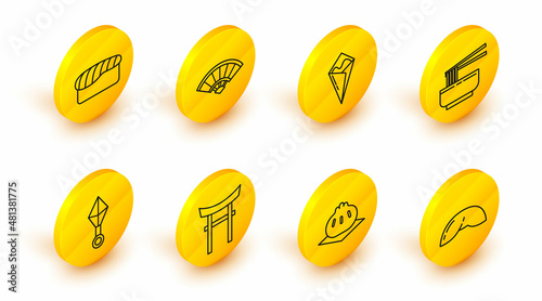 Set line Chinese fortune cookie, Japan Gate, Japanese ninja shuriken, Asian noodles bowl and chopsticks, Temaki roll, Paper chinese japanese folding fan and Sushi icon. Vector