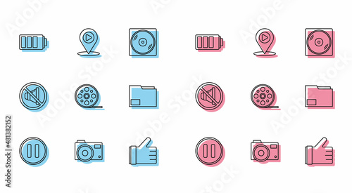 Set line Pause button, Photo camera, Battery charge level indicator, Hand like, Film reel, Document folder, Speaker mute and Digital media play with location icon. Vector