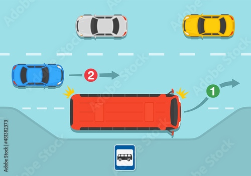 Safety driving and traffic regulating rules. Give way and priority to buses, coaches and trams, especially when they are signaling to pull away from stops. Flat vector illustration template.