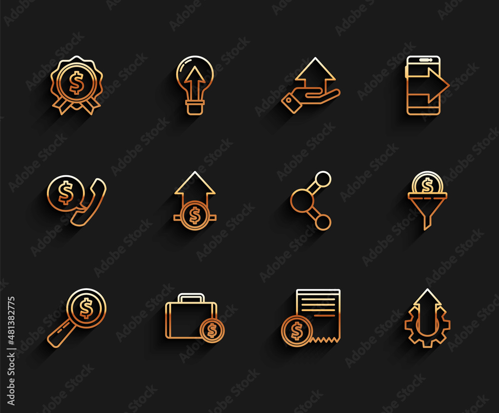 Set line Magnifying glass and dollar, Briefcase money, Price tag with, Paper check financial check, Arrow growth gear business, Financial coin, Lead management and Share icon. Vector Set line Magnifying glass and dollar, Briefcase money, Price tag with, Paper check financial check, Arrow growth gear business, Financial coin, Lead management and Share icon. Vector