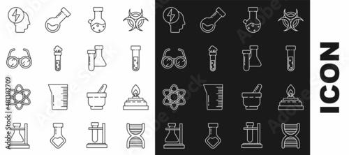 Set line DNA symbol, Alcohol or spirit burner, Test tube and flask chemical, Laboratory glasses, Head electric and icon. Vector