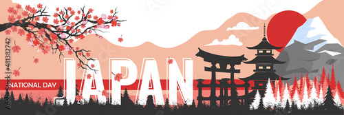 Japan national day banner with red white winter landscape theme in background. National foundation day of japan design with famous Japanese landmarks like mount Fuji, Itsukushima Shrine.  photo