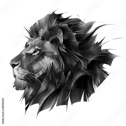 painted portrait of a muzzle of a lion on a white background