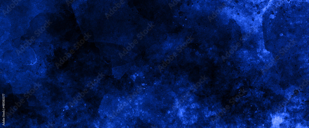 Abstract dark blue gradient paint background. Acrylic texture space nebula like pattern, Modern creative deep dark glowing blue neon watercolor on black paper illustration.