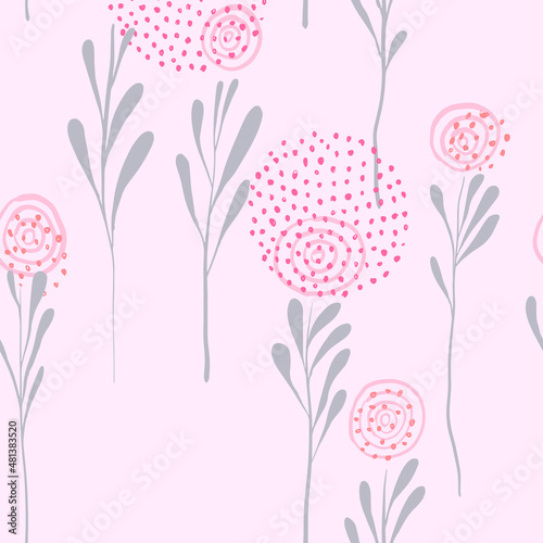 Vector seamless pattern of stylish plants and spherical flowers. Stylish, simple, modern and gentle.