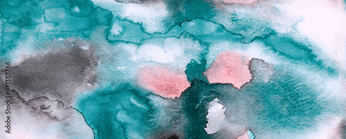 Watercolor banner border. Abstract watercolor background. Tidewater green and coral color background. Color splash on paper. Creative modern banner. Exotic colors. Abstract colorful texture.