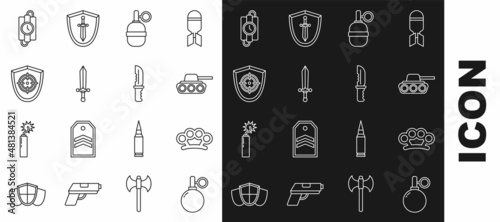 Set line Hand grenade, Brass knuckles, Military tank, Medieval sword, Target sport, dynamite stick timer clock and knife icon. Vector