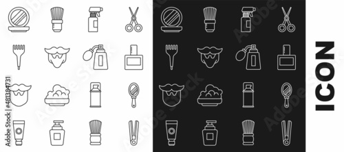 Set line Curling iron for hair, Hand mirror, Aftershave, Hairdresser pistol spray bottle, Mustache beard, Hairbrush, Makeup powder with and atomizer icon. Vector