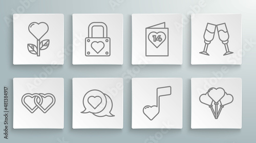 Set line Two Linked Hearts, Lock and heart, speech bubble, Music note, tone with hearts, Balloons form of, Valentines day flyer, Glass champagne and shape flower icon. Vector