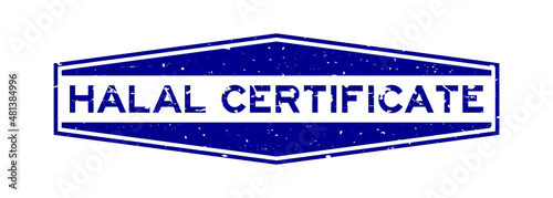 Grunge blue Halal certificate word hexagon rubber seal stamp on white background