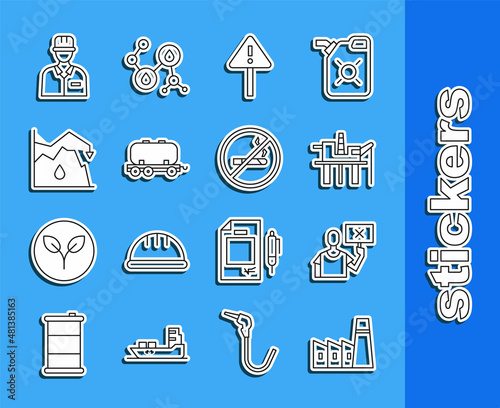 Set line Oil industrial factory building, Nature saving protest, platform the sea, Exclamation mark triangle, railway cistern, Drop crude oil price, Oilman and No Smoking icon. Vector
