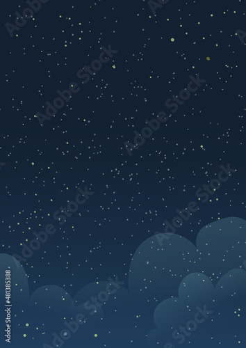 Stars at dark blue night and transparent clouds, kids wallpaper design, postcard background. Dark blue cosmos scene with cloudsat night. Vector design in watercolor style.