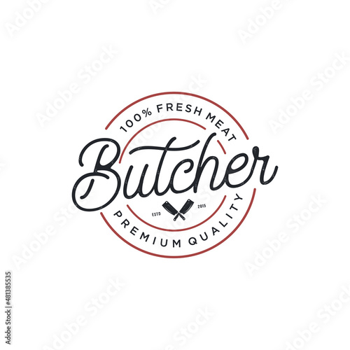 Vintage Butcher Shop lettering logo, label, badge, emblem, sign design template