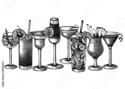 Hand-sketched cocktail illustration Vector sketches of alcoholic drinks in elegant glasses. Popular alcohol cocktails vintage hand-drawing. Perfect banner design for bar or restaurant menu
