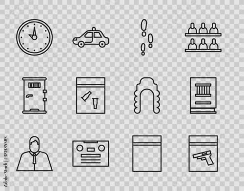 Set line Lawyer, attorney, jurist, Evidence bag and pistol gun, Footsteps, Retro audio cassette tape, Clock, bullet, Plastic with ziplock and book icon. Vector