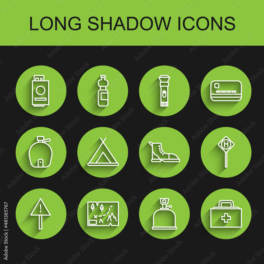 Set line Exclamation mark in triangle, Folded map with location, Passport ticket, Camping gas stove, First aid kit, Tourist tent, Parking and Hiking boot icon. Vector Set line Exclamation mark in triangle, Folded map with location, Passport ticket, Camping gas stove, First aid kit, Tourist tent, Parking and Hiking boot icon. Vector