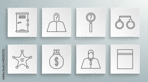 Set line Hexagram sheriff, Anonymous with question mark, Money bag, Lawyer, attorney, jurist, Plastic ziplock, Magnifying glass search, Handcuffs and Prison cell door icon. Vector