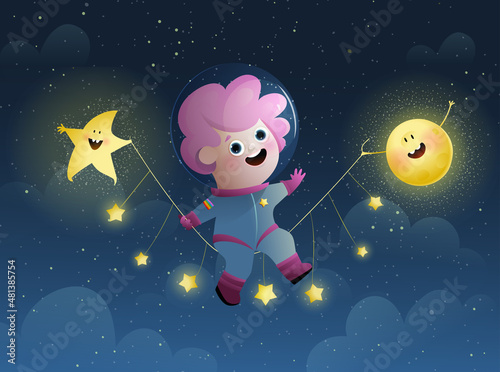 Astronaut girl swinging among stars, sun and star holding the swing. Outer space adventure poster on dark background with cute space girl. Vector illustration for children, watercolor style. © Popmarleo
