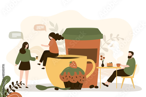 Two girlfriends chatting in coffee shop.  Male character ordered dessert and mug of tea