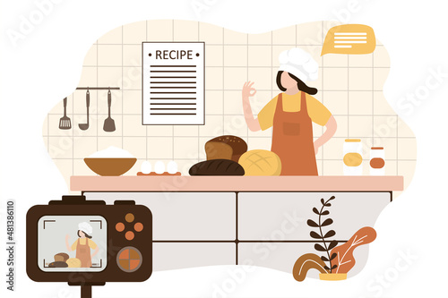 Girl shoots recipes for bakery products. Woman records cooking course in kitchen using camera
