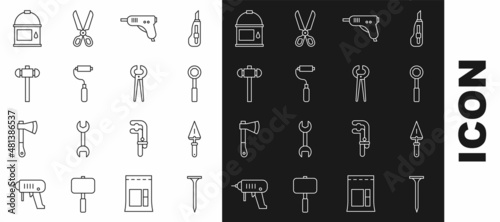 Set line Metallic nail, Trowel, Wrench spanner, Electric hot glue gun, Paint roller brush, Sledgehammer, bucket and Pincers and pliers icon. Vector