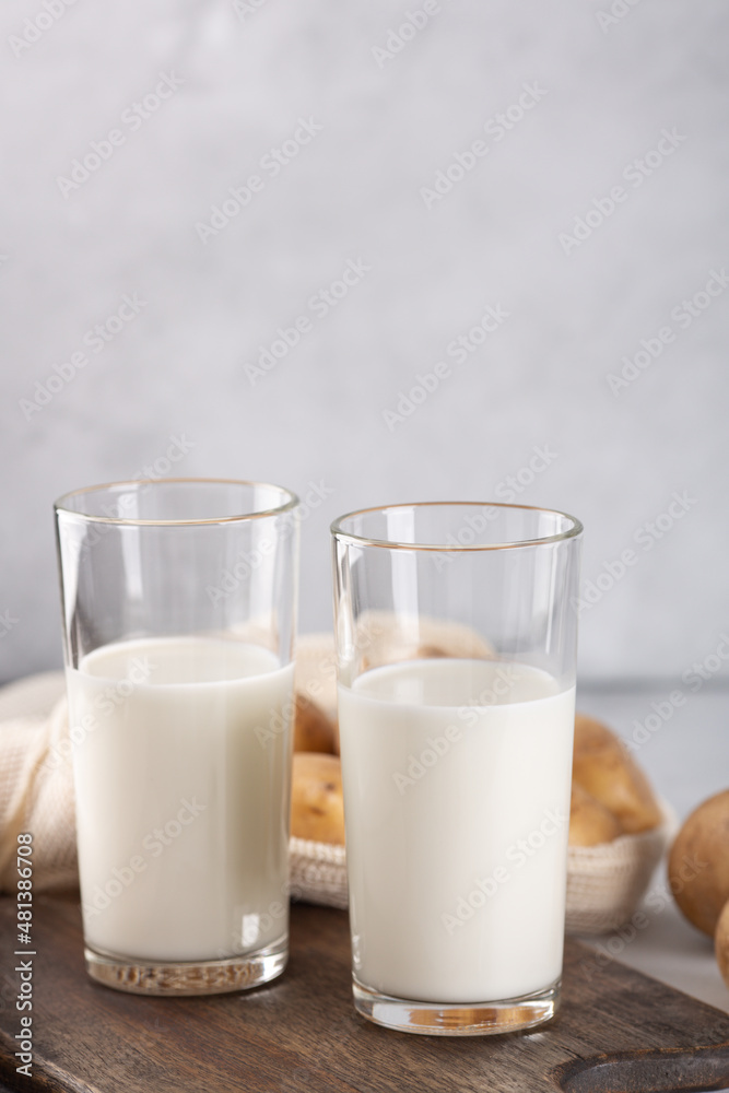 Dairy-free potato drink in glasses. Plant-based alternative milk Dairy-free potato drink in glasses. Plant-based alternative milk