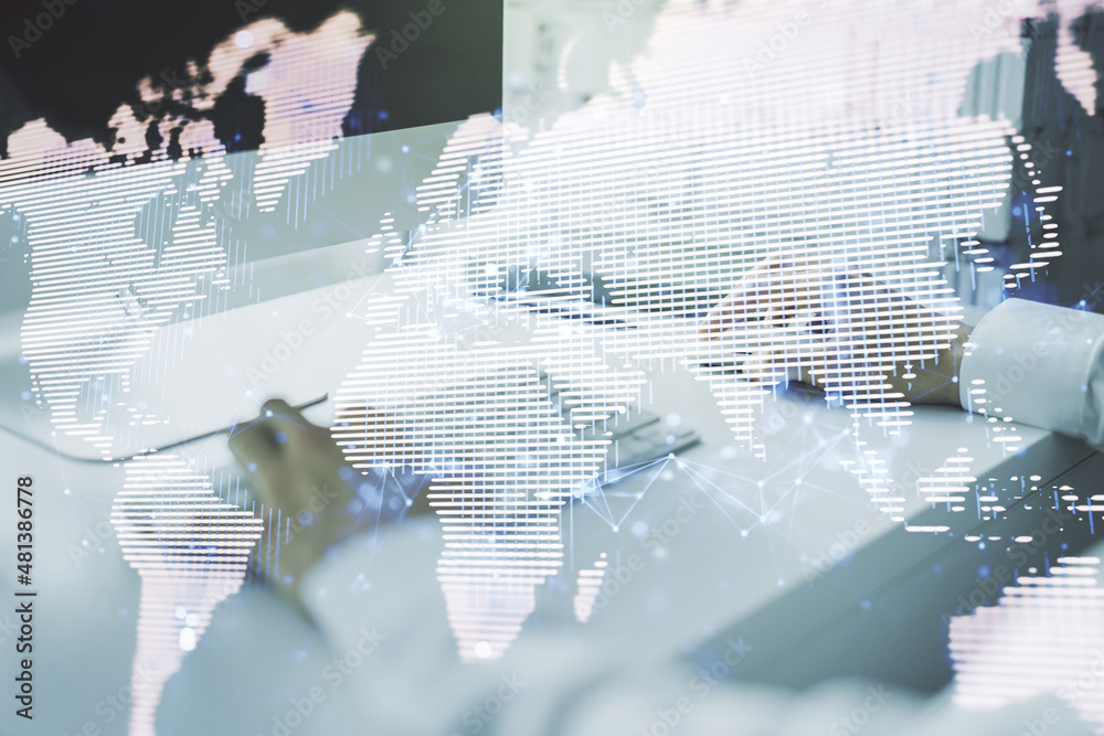 Multi exposure of abstract graphic world map and hands typing on computer keyboard on background, big data and networking concept Multi exposure of abstract graphic world map and hands typing on computer keyboard on background, big data and networking concept
