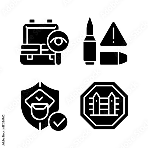 Checkpoint examination black glyph icons set on white space. Border security. Weapon illegal moving prevention. Country fences. Customs officer. Silhouette symbols. Vector isolated illustration