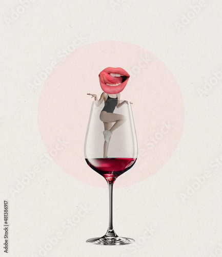 Contemporary art collage, modern design. Party mood. Young slim girl into red wine glass isolated on white background. Surrealism photo