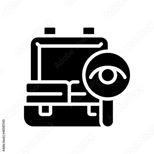 Baggage checks black glyph icon. Border security. Bags examination and scanning. Customs restrictions. Smuggling prevention. Silhouette symbol on white space. Vector isolated illustration