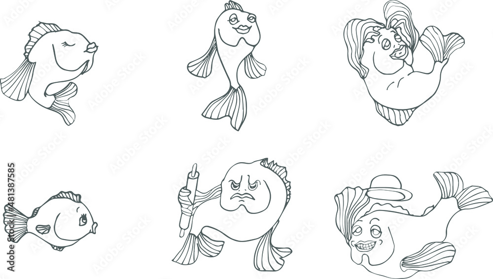  line Isolated Vector Illustration for coloring  . Fishes with different emotion, vector emoji Illustration. May be to use as sticker