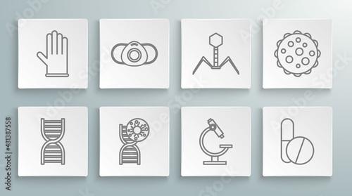 Set line DNA symbol, Medical protective mask, and virus, Microscope, Medicine pill or tablet, Bacteria bacteriophage, Virus and rubber gloves icon. Vector