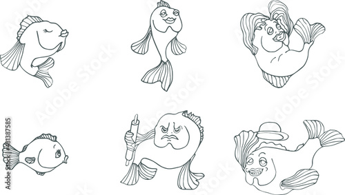  line Isolated Vector Illustration for coloring  . Fishes with different emotion  vector emoji Illustration. May be to use as sticker