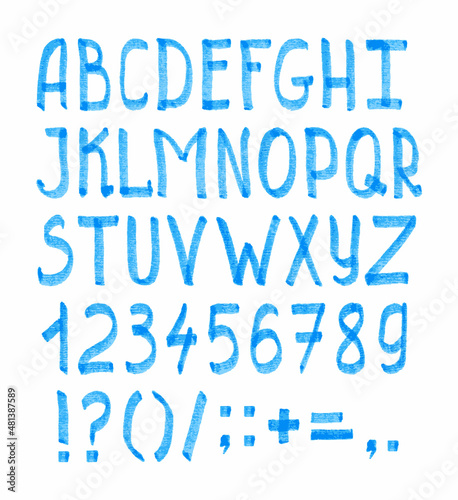 Photography Hand Drawn Felt-tip Pen Blue Uppercase Font. Vector Illustration.