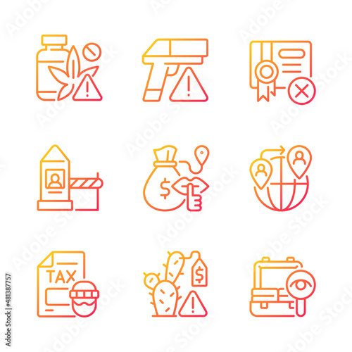 Illicit import and its prevention gradient linear vector icons set. Weapon trade. Fraudulent activity. Goods smuggling. Thin line contour symbols bundle. Isolated outline illustrations collection
