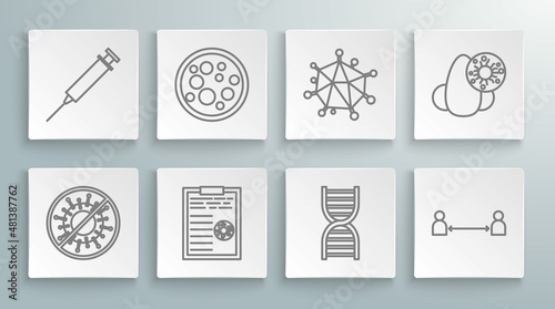 Set line Stop virus, Virus, Clipboard with blood test results, DNA symbol, Safe distance, Runny nose and and Syringe icon. Vector