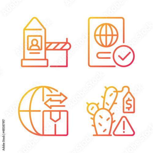 Borders control measures gradient linear vector icons set. Contraband prevention. Illegal trade prohibition. Thin line contour symbols bundle. Isolated outline illustrations collection