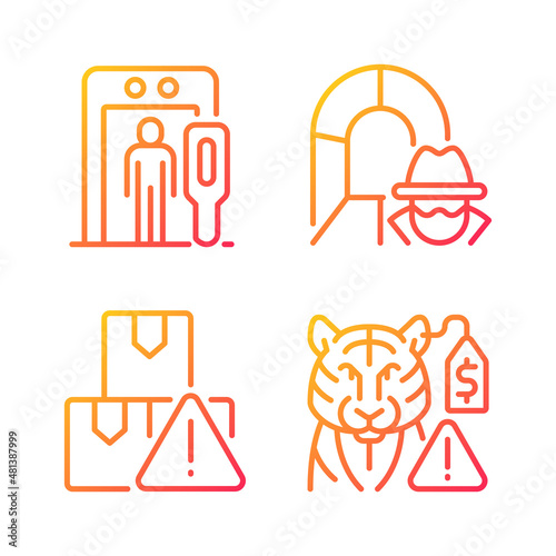 Smugglers activities prevention gradient linear vector icons set. Smuggling tunnel. Metal detector. Border security. Thin line contour symbols bundle. Isolated outline illustrations collection