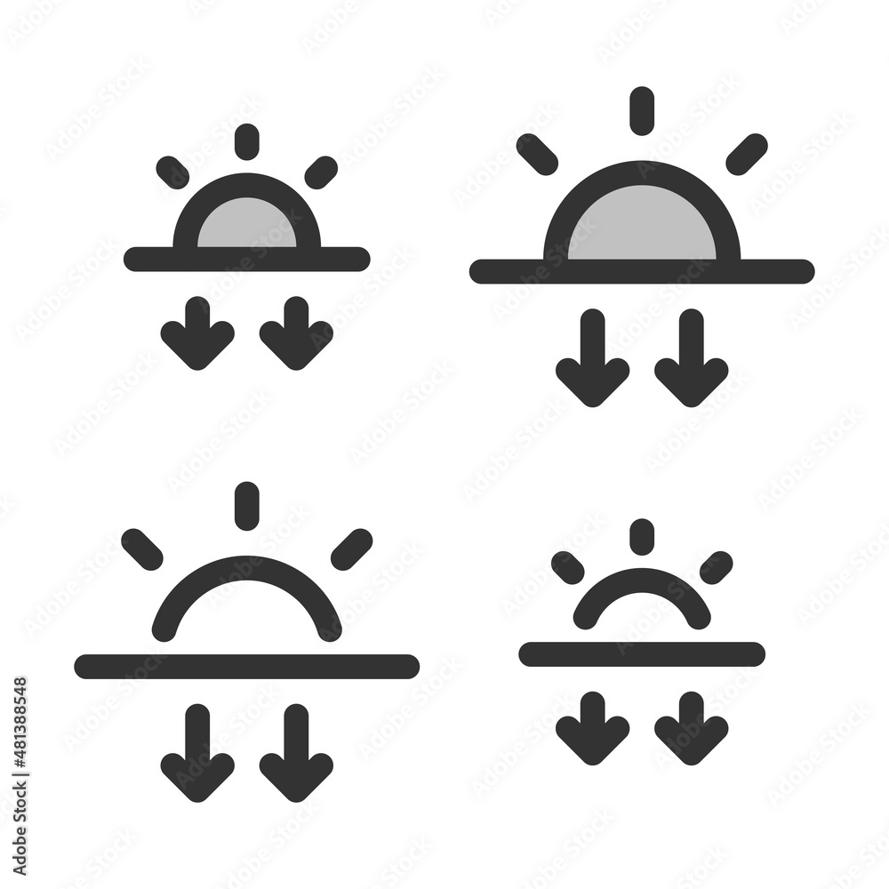 Pixel-perfect linear icon of sunset built on two base grids of 32 x 32 and 24 x 24 pixels. The initial base line weight is 2 pixels. In two-color and one-color versions. Editable strokes Pixel-perfect linear icon of sunset built on two base grids of 32 x 32 and 24 x 24 pixels. The initial base line weight is 2 pixels. In two-color and one-color versions. Editable strokes