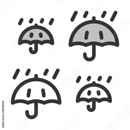 Pixel-perfect linear icon of open umbrella with rain drops built on two base grids of 32 x 32 and 24 x 24 pixels for easy scaling. The initial line weight is 2 pixels.  Editable strokes