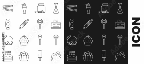 Set line Jelly worms candy, Lollipop, Piece of cake, Glass jar with candies inside, Candy, Sugar stick packets and icon. Vector