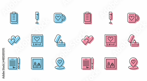 Set line Marriage contract, Family photo, Clipboard with checklist, Location heart, Photo frames and hearts, Wedding rings, Heart and Glass of champagne icon. Vector